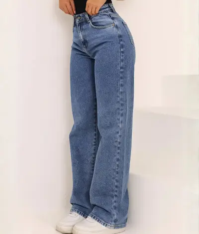 Calça Jeans Wide Leg Feminina Cintura Alta Marmorizada