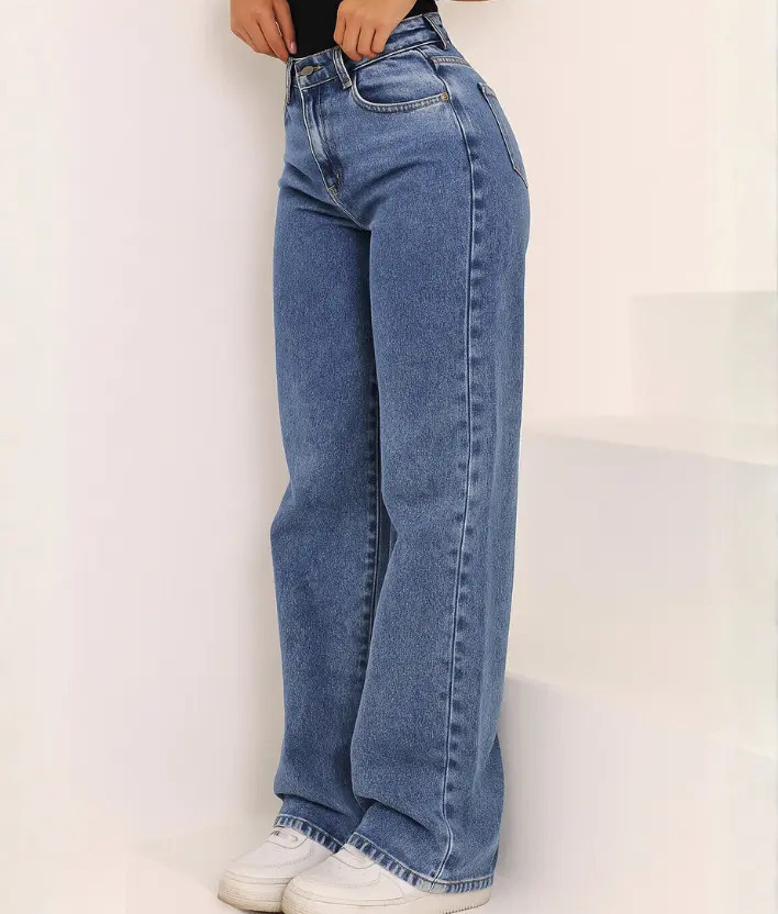 Calça Jeans Wide Leg Feminina Cintura Alta Marmorizada