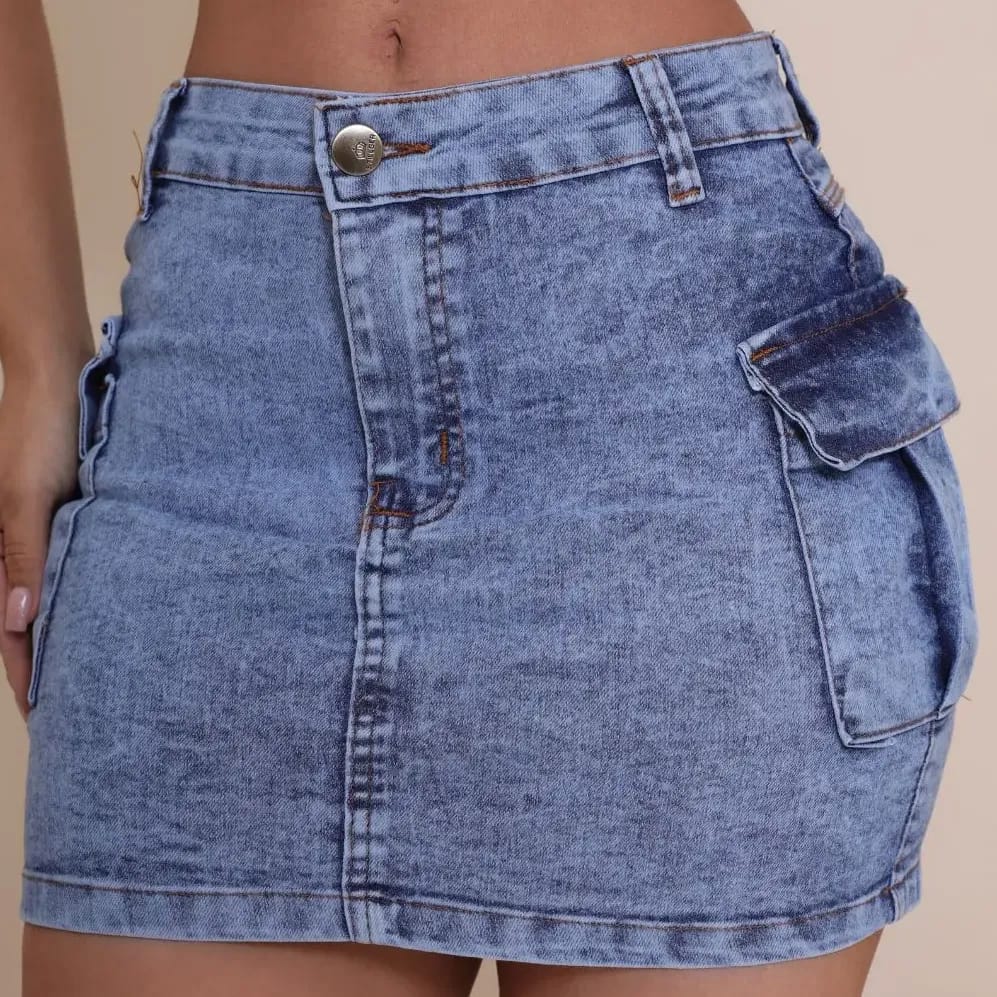 Saia Jeans Cargo Feminina Cintura Alta com Lycra Stillger
