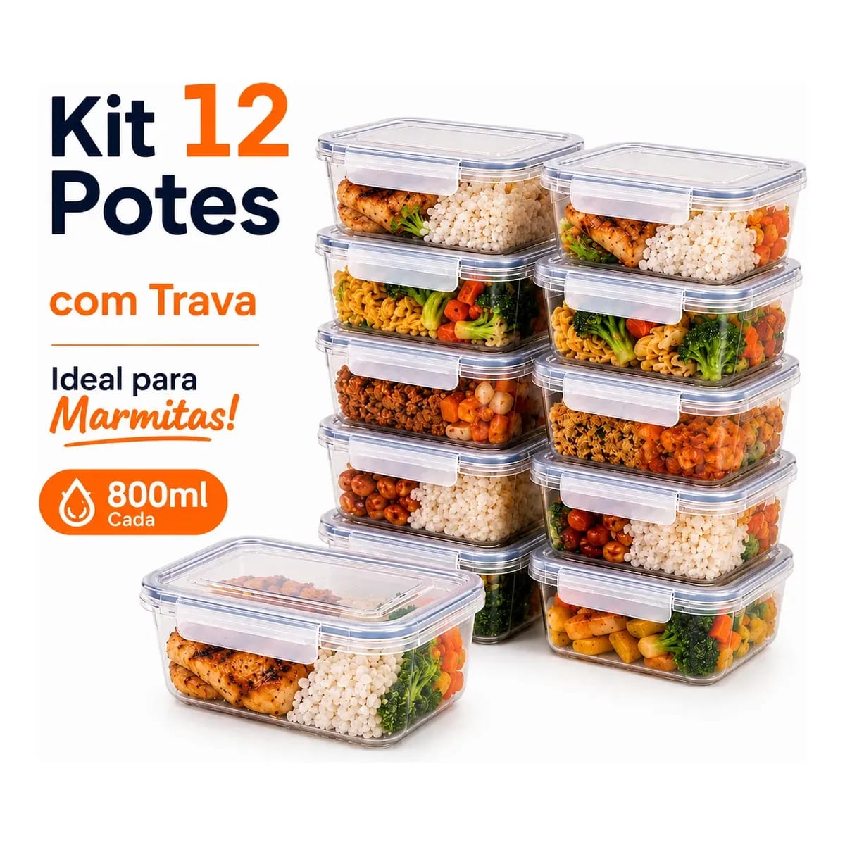 Kit 12 Potes Marmita 800ml com Trava Lateral