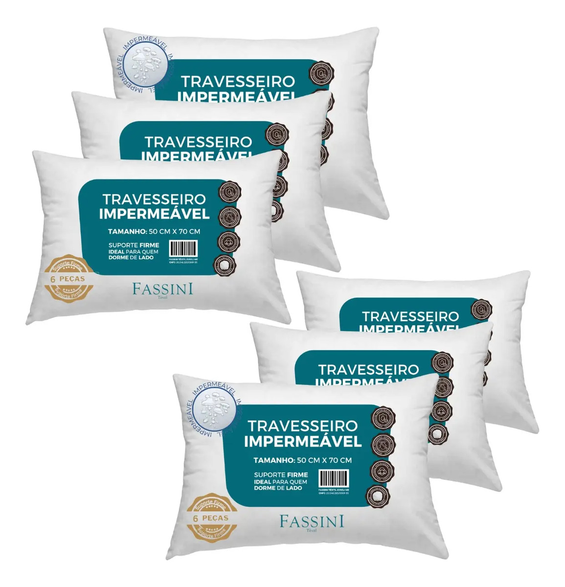 Kit 6 Travesseiros Antialérgico Impermeável 50x70 Lavável Branco