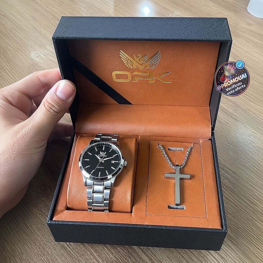 Conjunto masculino de relógio e colares