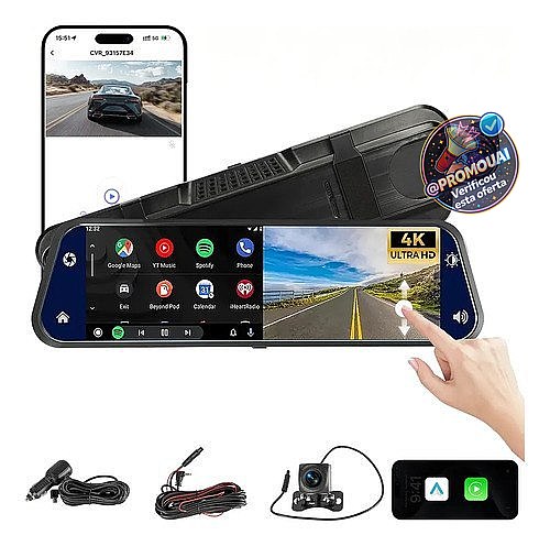 Câmera Veicular Automotiva Carro com WiFi 4K+1080p Tela 10in