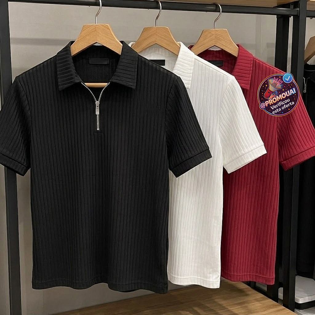 Kit 3 Camiseta Polo Manga Curta com Zíper Masculina Canelada (M ao GG)